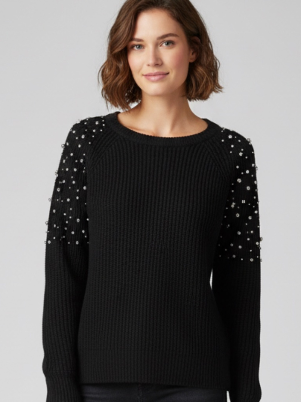 Aqua black knife sweater with faux metallic balls med